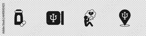 Set Sedative pills, Psychology, Psi, Broken heart or divorce and icon. Vector