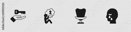 Set Solution to the problem, Man graves funeral sorrow, Armchair and icon. Vector