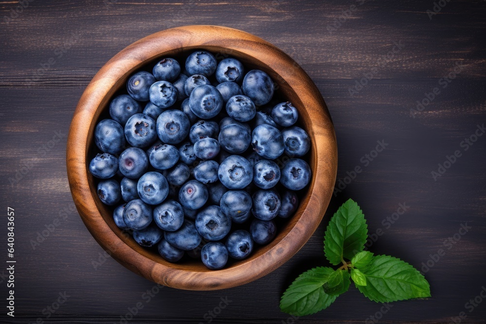 Fresh blueberry with drops of water in wooden bowl. Top view. Concept of healthy Fresh blueberry with drops of water in wooden bowl. Top view. Concept of healthy
