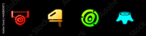 Set Two-handed saw and log, Electric jigsaw, Wooden logs and Tree stump icon. Vector