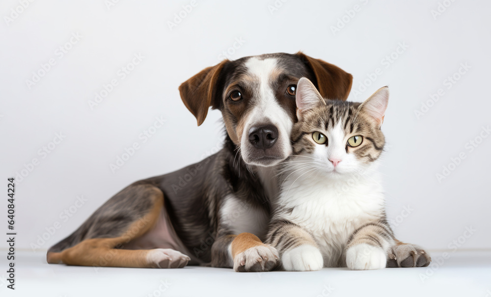 Cat and Dog Cuddling Together on White Cat and Dog Cuddling Together on White