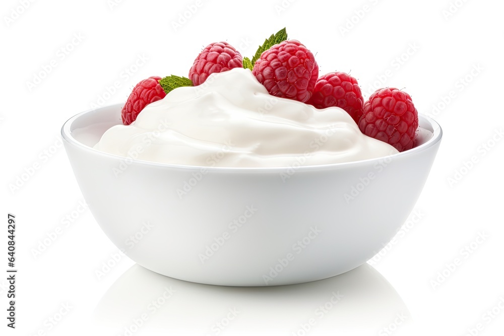 Bowl of creamy yogurt topped with fresh raspberries and mint leaves. Bowl of creamy yogurt topped with fresh raspberries and mint leaves.