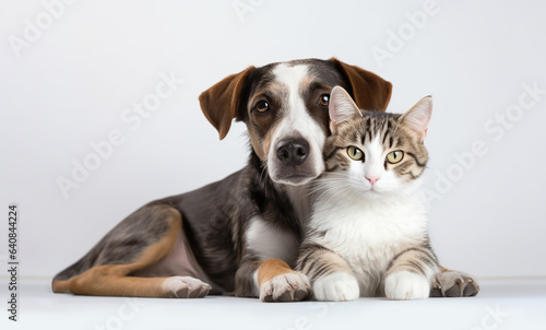 Cat and Dog Cuddling Together on White © adogslifephoto