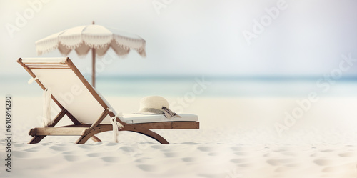 Exotic Island Retreat: Lounger Chair and Umbrella on White Sands Invite Tranquil Vacation Dreams.