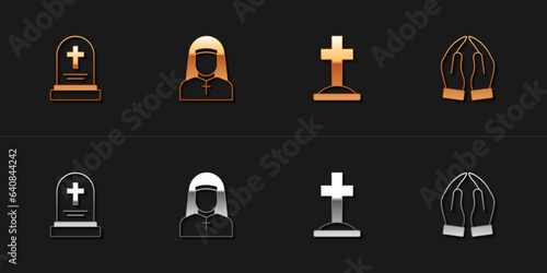 Set Grave with tombstone, Nun, cross and Hands in praying position icon. Vector