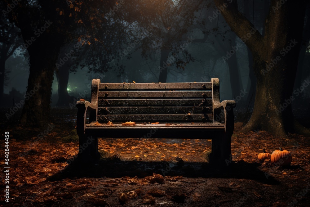 An image with a bench illuminated by lights in the park and pumpkins lying next to it, in the spirit of Halloween.
