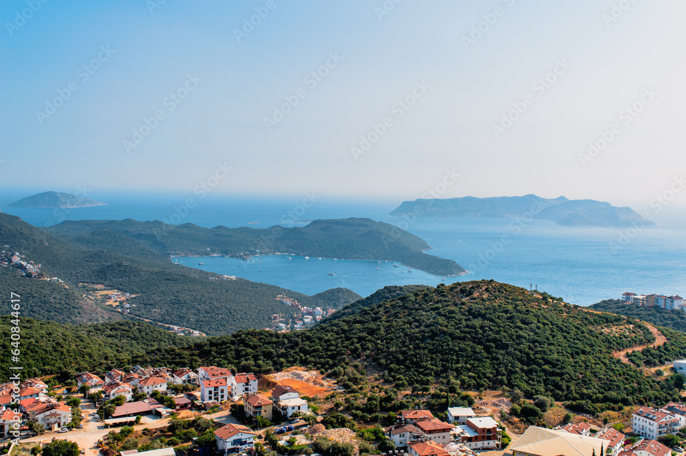 Fototapeta premium Charming panoramic aerial view of seaside resort town of Kas in Antalya, Turkey.
