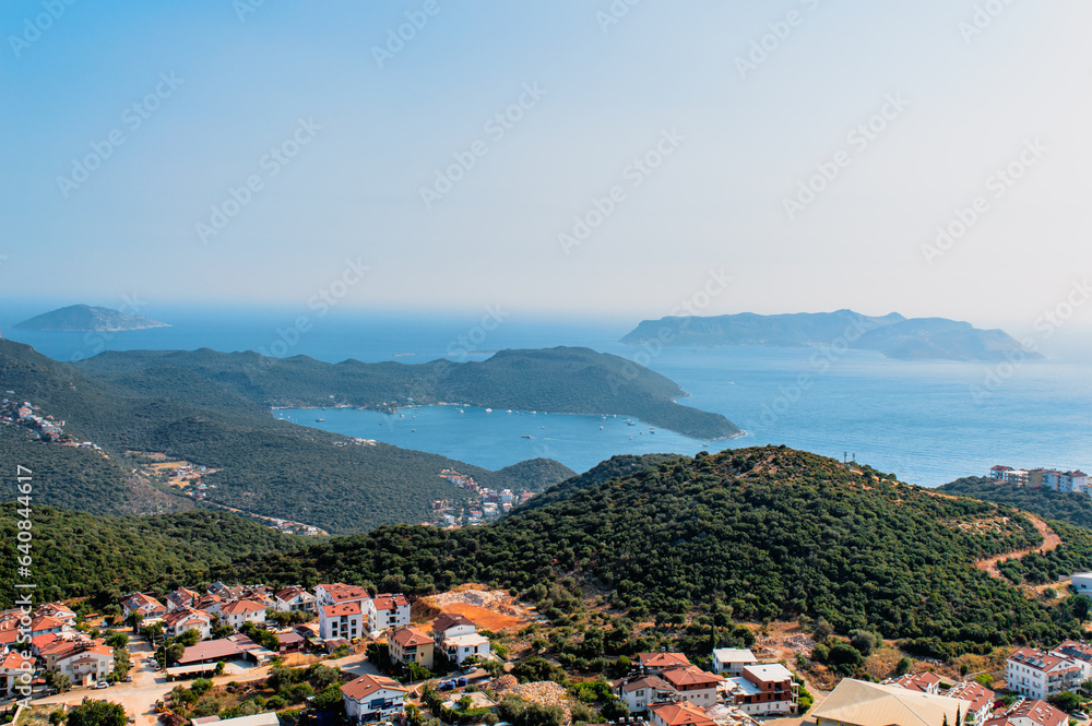 Charming panoramic aerial view of seaside resort town of Kas in Antalya, Turkey.