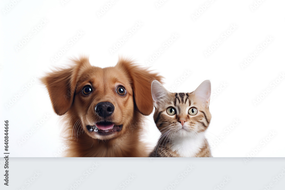 Happy Dog and Cat Behind Blank Sign Happy Dog and Cat Behind Blank Sign