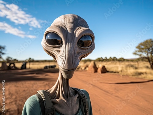 A slim grey Alien with black eyes smiles while taking a selfie in front of at a safari