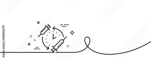 Vaccination schedule line icon. Continuous one line with curl. Vaccine syringe sign. Second injection time symbol. Vaccination schedule single outline ribbon. Loop curve pattern. Vector