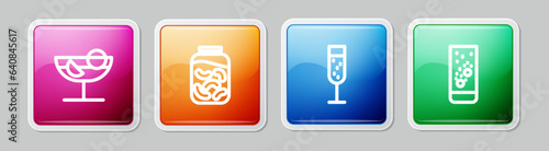 Set line Cocktail, Pickled cucumbers in jar, Glass of champagne and Effervescent tablets water. Colorful square button. Vector