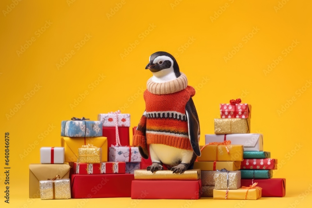 cute baby penguin with christmas gift boxes on yellow background