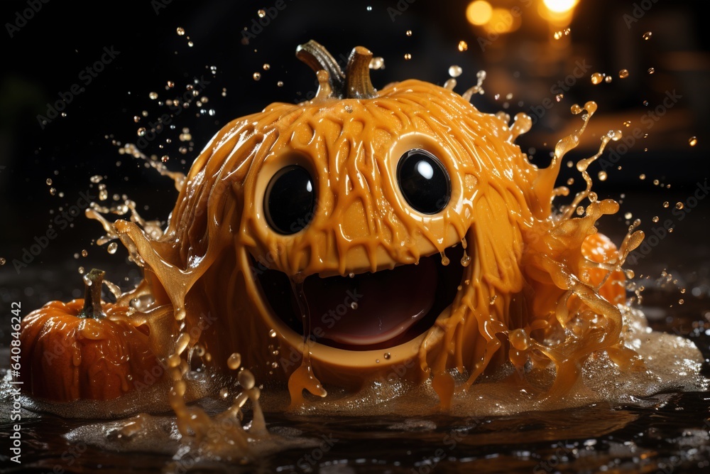 Fototapeta premium Concept image of a pumpkin with a splash of water.Bright background in Halloween style.
