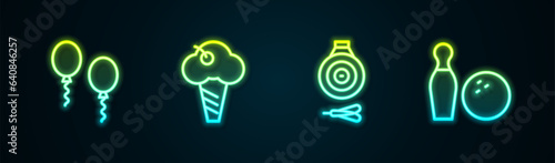 Set line Balloons, Ice cream in waffle cone, Classic dart board and arrow and Bowling pin ball. Glowing neon icon. Vector