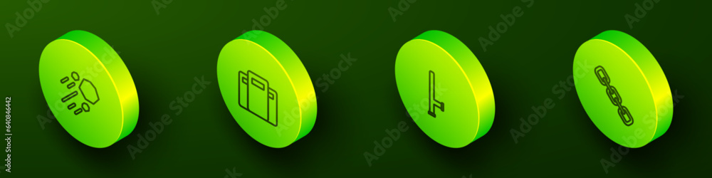 Set Isometric line Flying stone, Police assault shield, rubber baton and Chain link icon. Vector Set Isometric line Flying stone, Police assault shield, rubber baton and Chain link icon. Vector