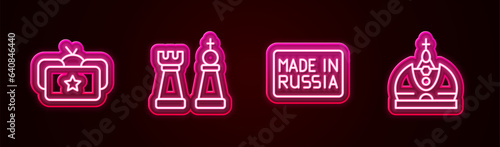 Set line Ushanka, Chess, Made in Russia and King crown. Glowing neon icon. Vector