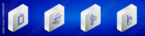 Set Isometric line Picture, Pinocchio, Coffee beans and Bottle wine bucket icon. Vector