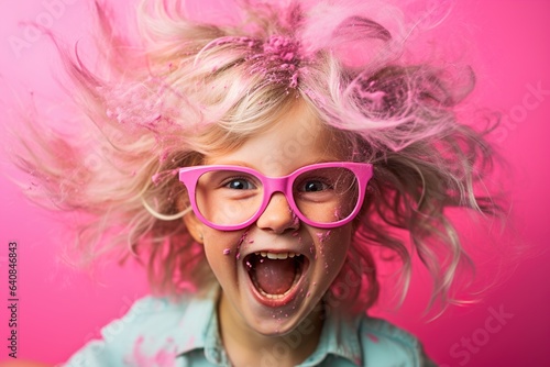 Enchanting portrait of a curly-haired girl with tousled blond locks  donning multicolored strands and glasses  exuberantly captured in a joyful scream on the vibrant pink background.