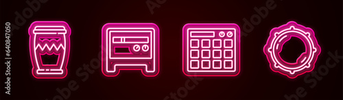 Set line Drum, Guitar amplifier, machine and Dial knob level. Glowing neon icon. Vector