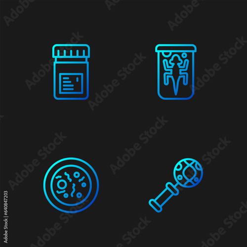 Set line DNA research, search, Petri dish with bacteria, Jar additives and Experimental animal. Gradient color icons. Vector
