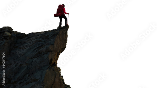 Adventure Woman Hiker on Mountain Top Peak. PNG Cutout for composite. 3d Rendering Cliff