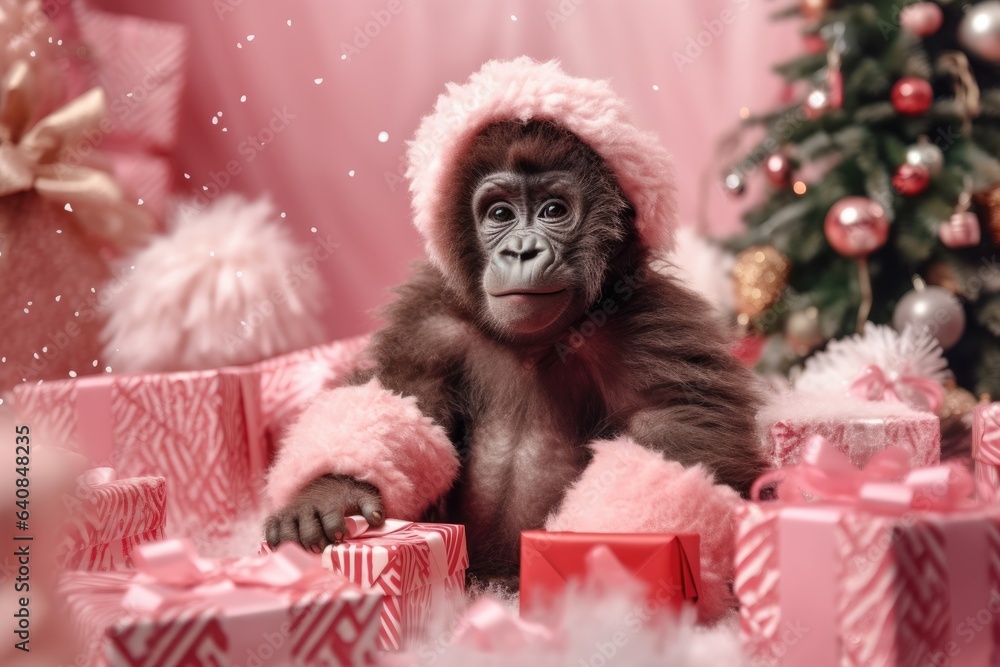 cute baby gorilla ape with christmas gift boxes on pink background cute baby gorilla ape with christmas gift boxes on pink background