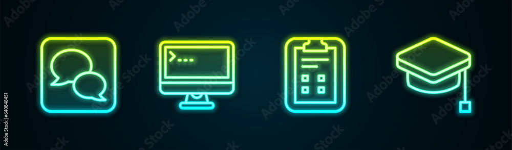 Set line Speech bubble chat, Computer monitor, Exam sheet with check mark and Graduation cap. Glowing neon icon. Vector Set line Speech bubble chat, Computer monitor, Exam sheet with check mark and Graduation cap. Glowing neon icon. Vector
