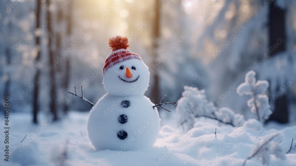 Snowman in a snowy forest, space for text Snowman in a snowy forest, space for text