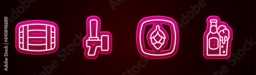Set line Wooden barrel, Beer tap, Hop and bottle and glass. Glowing neon icon. Vector