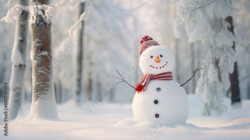 Panoramic view of happy snowman in winter scenery with copy space