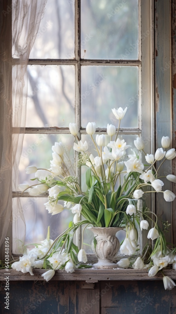 A vase filled with white flowers sitting on a window sill A vase filled with white flowers sitting on a window sill