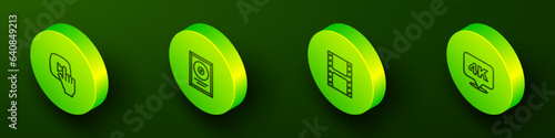 Set Isometric line Online play video, CD disk award frame, Play and 4k Ultra HD icon. Vector