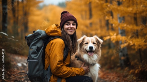 A woman with a backpack and a dog in the woods © Maria Starus