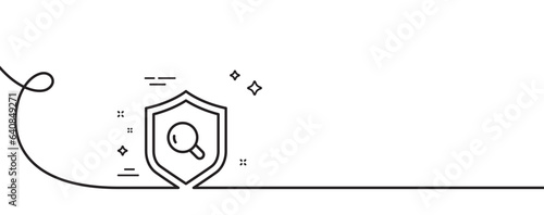 Inspect line icon. Continuous one line with curl. Quality research sign. Verification shield symbol. Inspect single outline ribbon. Loop curve pattern. Vector