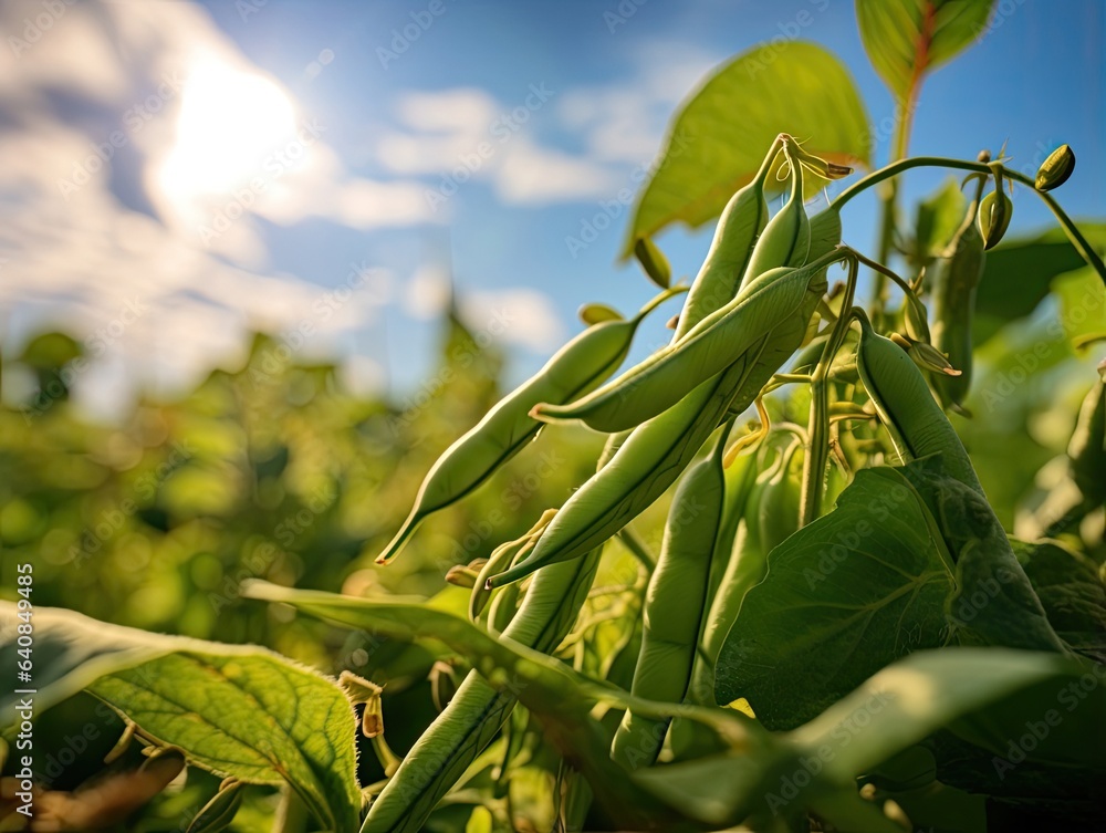 Fototapeta premium Beans growing on a field, low angle shot with cloudy, blue sky and sun