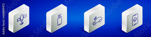 Set Isometric line Satellite, Mobile with wi-fi wireless, Smart car system and Cloud technology data icon. Vector