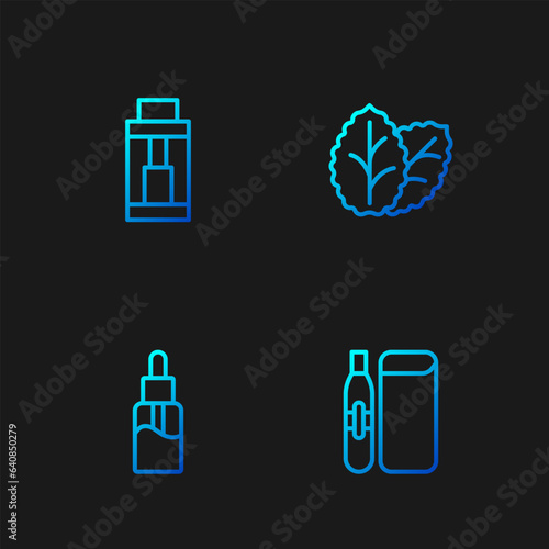 Set line Electronic cigarette, Vape liquid bottle, mod device and Tobacco leaf. Gradient color icons. Vector