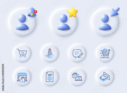 Market, Write and Work home line icons. Placeholder with 3d cursor, bell, star. Pack of Atm money, Special offer, Vegetables cart icon. Technical documentation, Crowdfunding pictogram. Vector