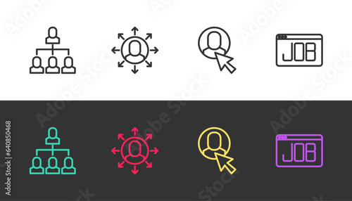Set line Employee hierarchy, Multitasking manager working, Worker and Search job on black and white. Vector