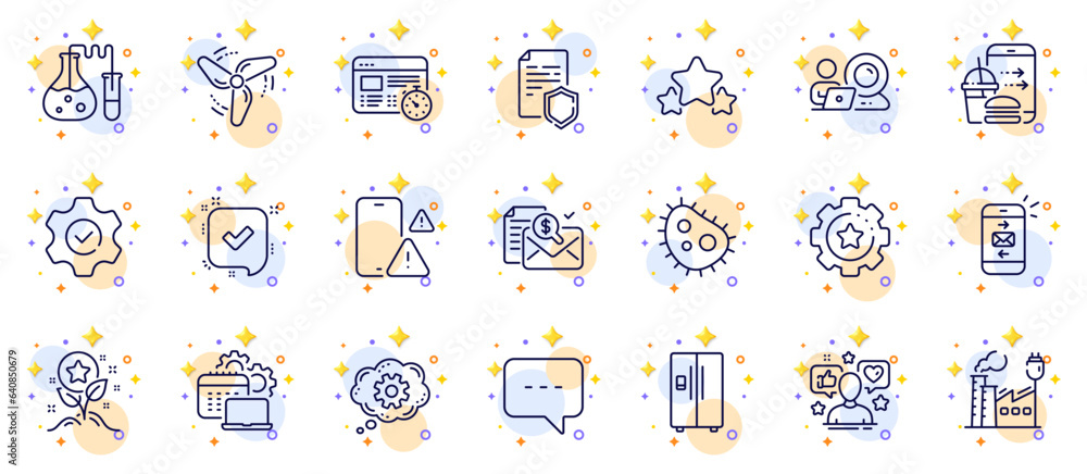 Outline set of Bacteria, Refrigerator and Confirmed line icons for web app. Include Blog, Video conference, Web timer pictogram icons. Chemistry lab, Factory, Phone warning signs. Vector Outline set of Bacteria, Refrigerator and Confirmed line icons for web app. Include Blog, Video conference, Web timer pictogram icons. Chemistry lab, Factory, Phone warning signs. Vector