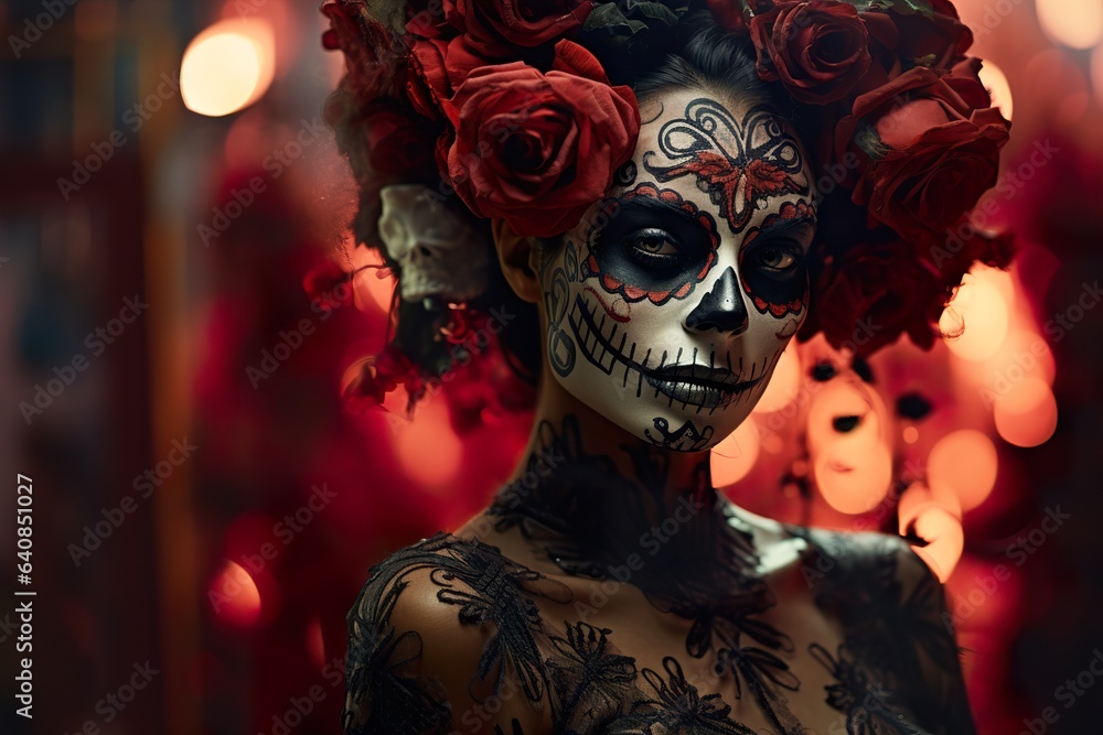 Closeup portrait of Calavera Catrina. Young woman with sugar skull makeup. Day of The Dead Closeup portrait of Calavera Catrina. Young woman with sugar skull makeup. Day of The Dead