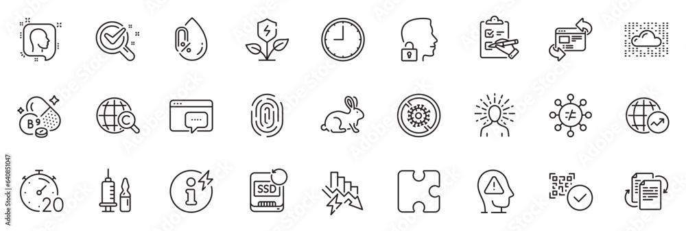 Icons pack as Checklist, Discrimination and Chemistry lab line icons for app include International copyright, Bureaucracy, Puzzle outline thin icon web set. No alcohol, Refresh website. Vector