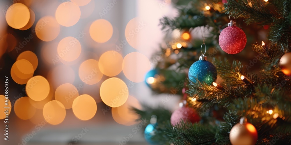 Merry Christmas and Happy New Year. Festive bright beautiful background. Decorated Christmas tree on blurred background. de-focused lights, gold bokeh