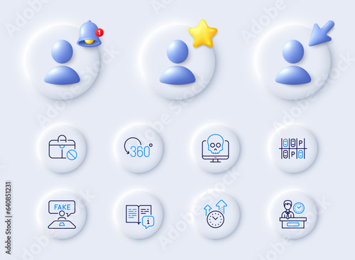 Parking place, Jobless and Manual line icons. Placeholder with 3d cursor, bell, star. Pack of Full rotation, Fake review, Cyber attack icon. Time management, Presentation time pictogram. Vector
