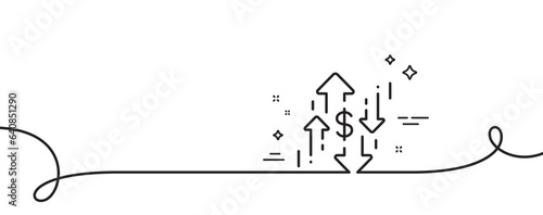 Dollar rates line icon. Continuous one line with curl. Currency exchange sign. Money trade symbol. Dollar rate single outline ribbon. Loop curve pattern. Vector
