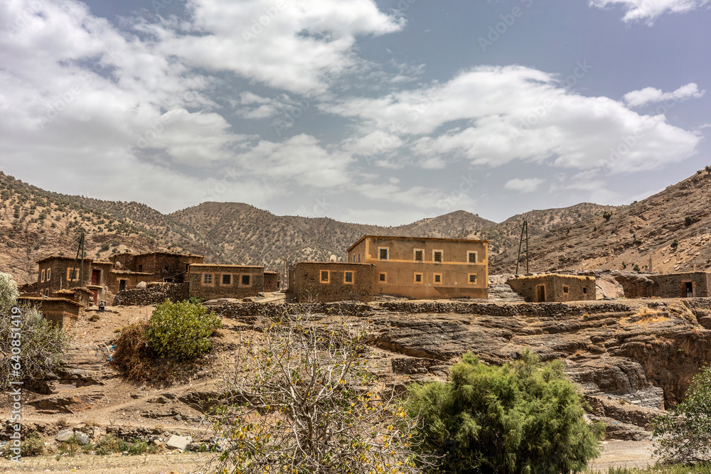 View at typical morrocean houses at the desert landscape of the countryside