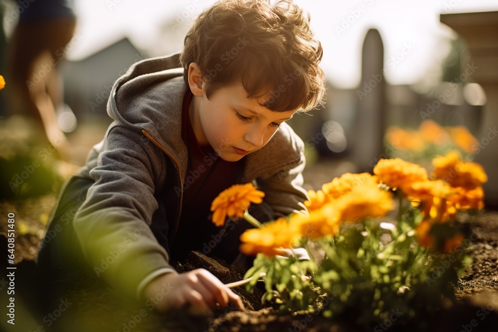 A young boy placing a marigold flower on a relative's grave for commemorating the Day of the Dead A young boy placing a marigold flower on a relative's grave for commemorating the Day of the Dead