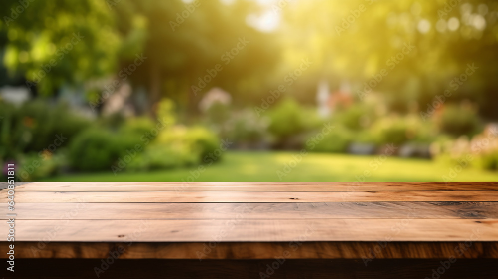 empty wooden table top with blur background of garden for product display empty wooden table top with blur background of garden for product display