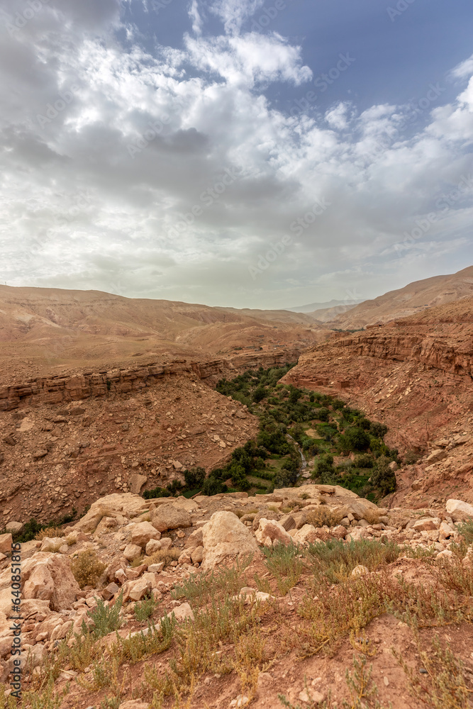 Landscape impression of the semidesert along the atlas torrent in morocco in summer Landscape impression of the semidesert along the atlas torrent in morocco in summer